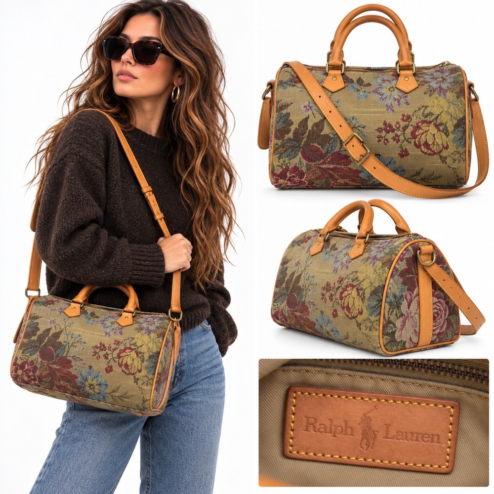 VTG 80s Polo Ralph Lauren Tapestry Bag Crossbody Satchel Carpet Floral Leather